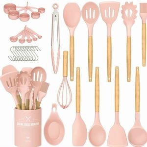 33 Pcs Silicone Cooking Utensils Set, Non-Stick, Heat Resistance (Pink)